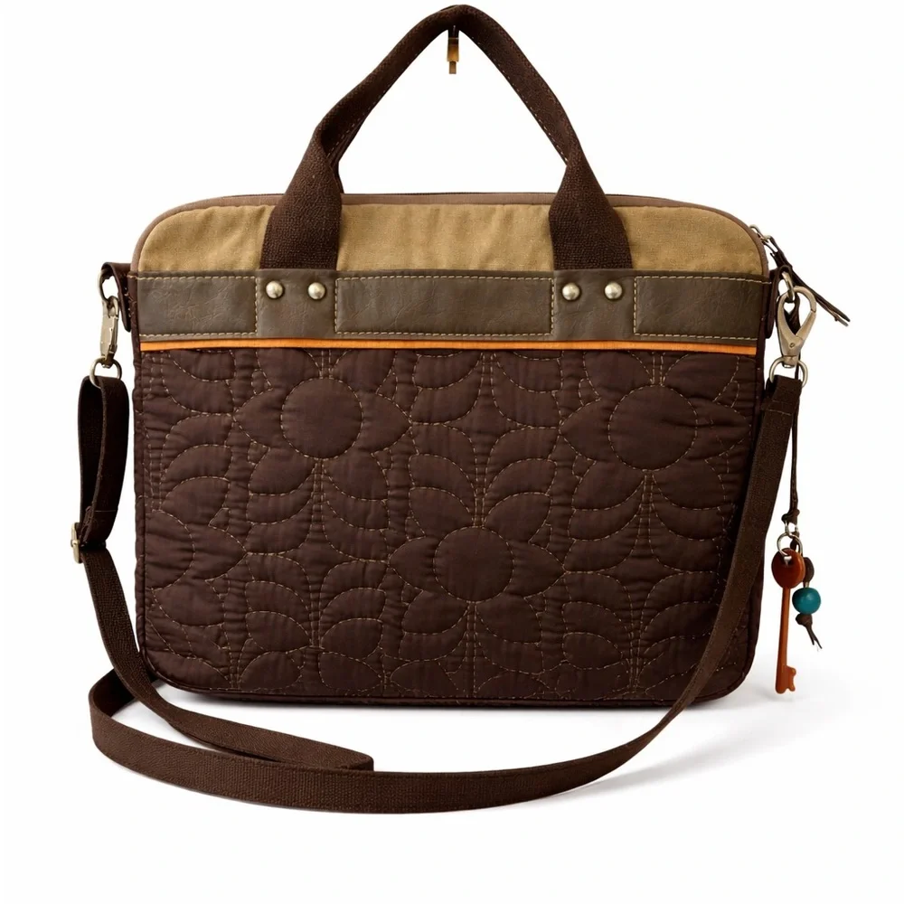 Fossil Laptop Tote Quilted Brown Work Bag Leather Trim